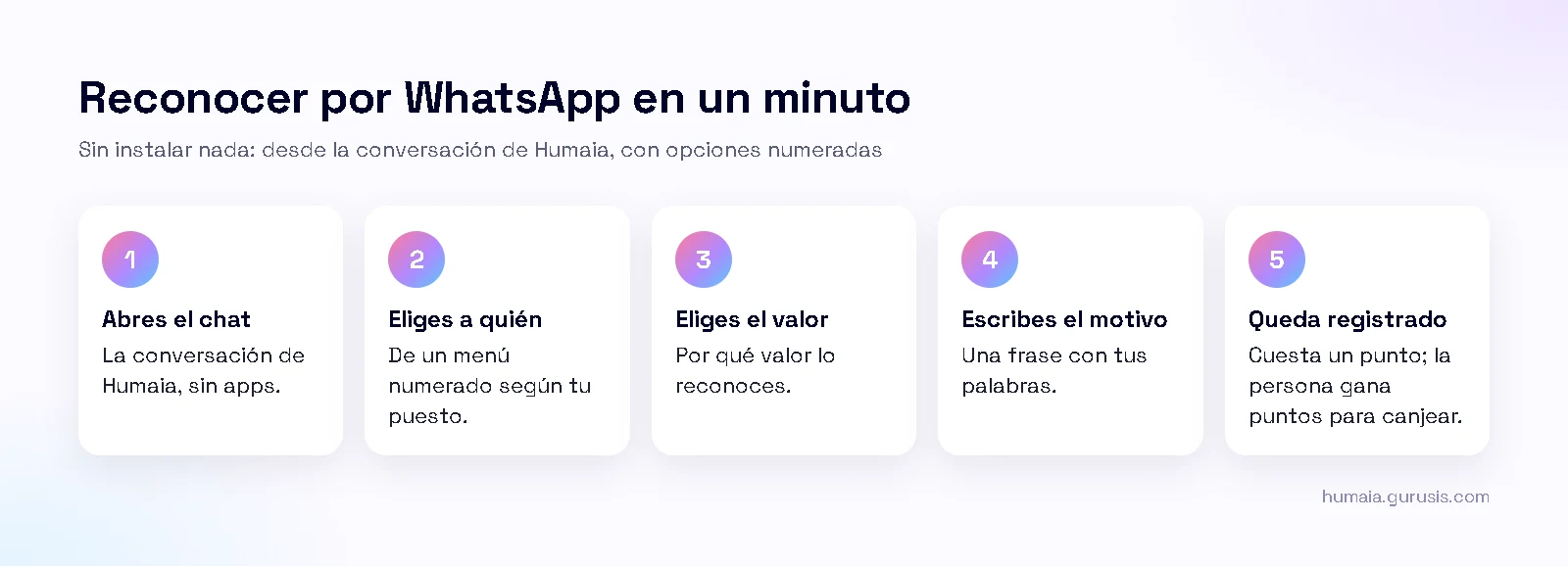Diagrama de cinco pasos para reconocer a un compañero por WhatsApp con un menú de opciones numeradas.
